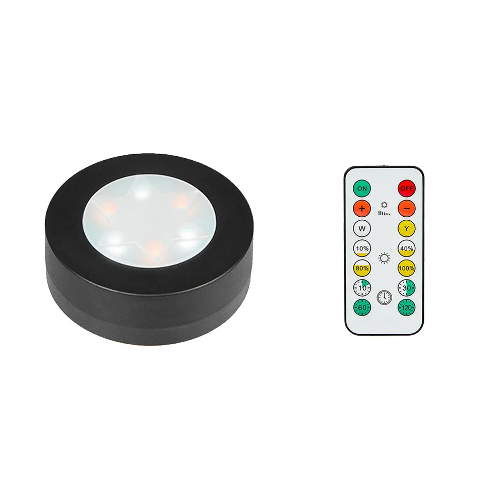 1-6Pcs Black CCT Round LED Under Cabinet Closet Light Furniture Dimmable Wardrobe Lamp Warmwhite White 3000-6500K Remote Control