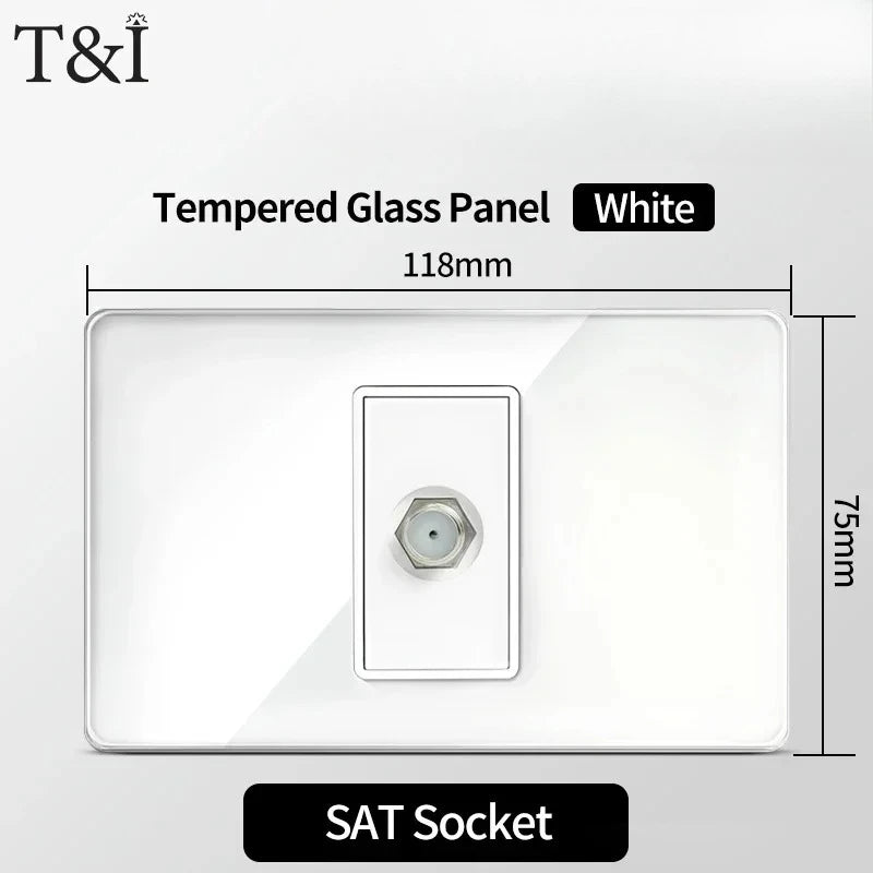 T&I 118*75mm Tempered Glass US Wall Socket White Thai USB Socket Plug with Dual USB Type-C Ports,Light Switch 110V