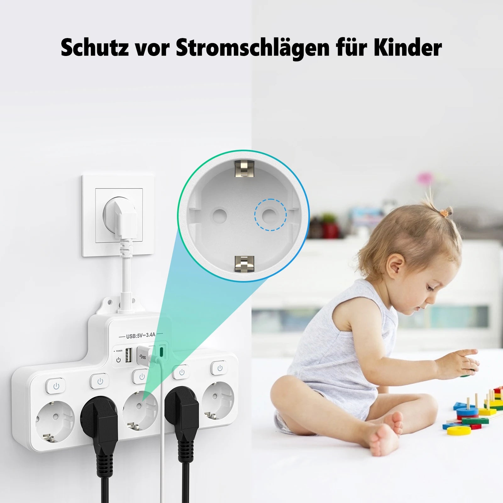 4000W 16A EU Multi-Contact Plug Power Plate Multi-Function Socket with 4 USB Fast Charging Ports 5 AC Power Jacks