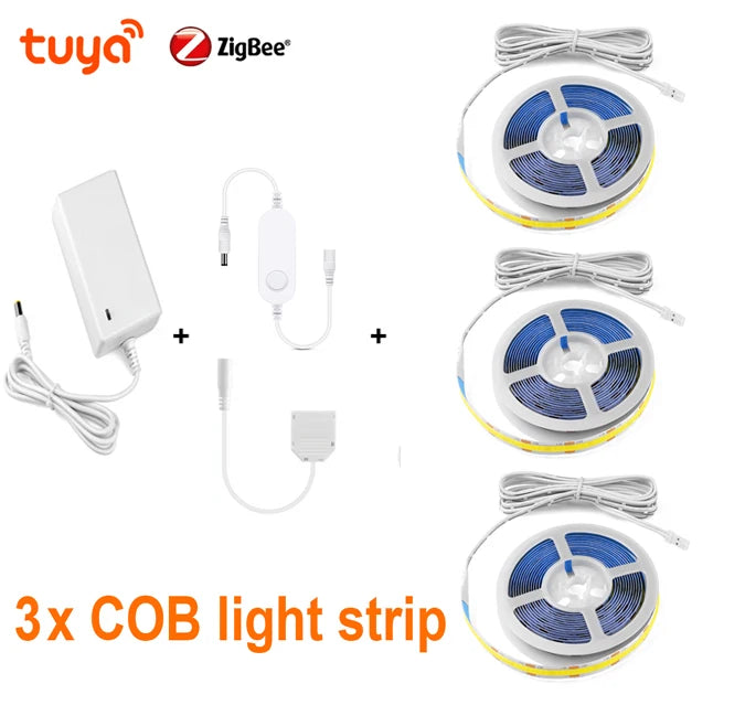 Zigbee Smart Under Cabinet COB LED Strip Dimmable Light Bookcase Wardrobe Closet Tuya Lamp Tape App Remote Control Wifi Lights