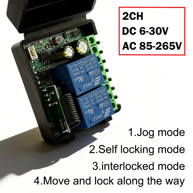DC 6-30V and AC 85-250V 433MHz RF Wireless Remote Control Switch 2CH Receiver Relay For Garage Door Gate Motors Curtain Lighting