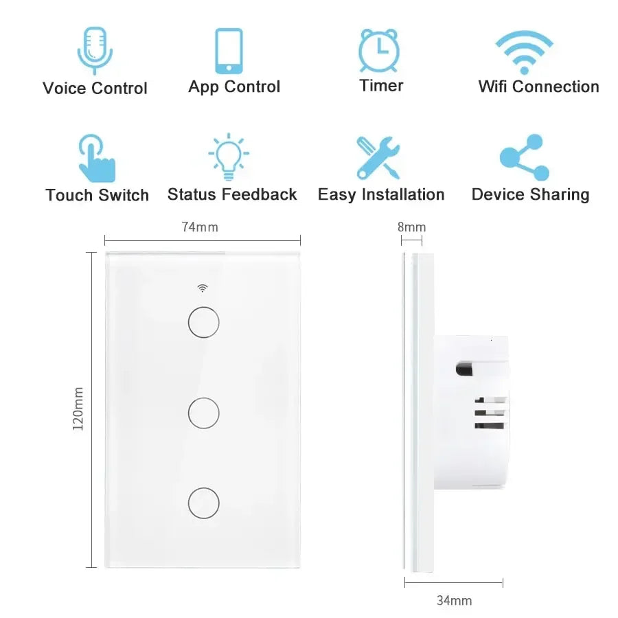 Tuya Smart Switches US Neutral Wire/No Neutral Wire Required 1/2/3/4 Gang WiFi Touch Light Switch Work with Alexa Google Home
