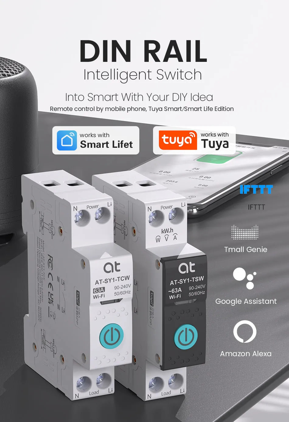 Tuya WiFi Smart Circuit Breaker 1P+N MCB 63A Timer Power Energy kWh Voltage Current Meter Protector Voice Remote Control Switch