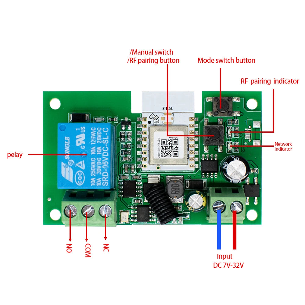1CH Zigbee/WIFI Smart Relay 12V 24V 220V Dry Contact NO/NC/COM Module Timer Inching Switch for Light/Motor,Works with Tuya Alexa