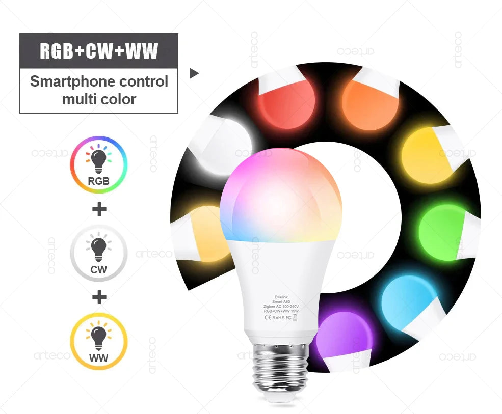 15W 18W E27 Zigbee Smart Light Bulbs RGB E27 Led Bulb AC100-240V Smart Home Zigbee Lamp Works With Alexa Google Home Smartthings