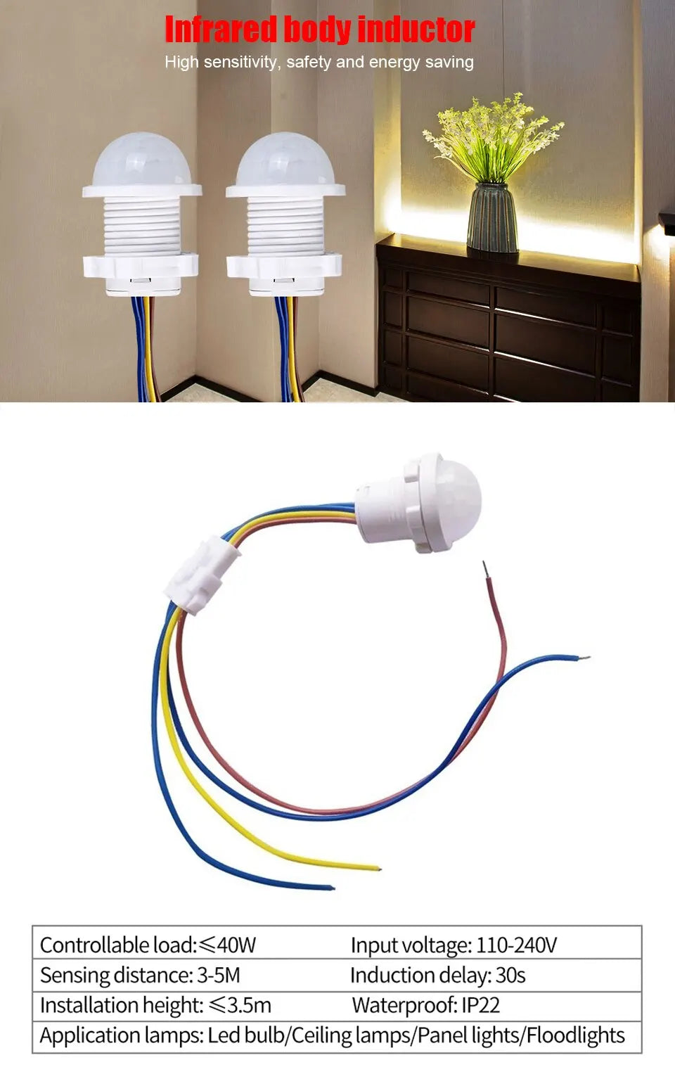 Infrared Body Sensor Switch PIR Sensor Detector Switch 110V 220V Motion Sensor Switch For Home Ceiling Lamp LED Lighting