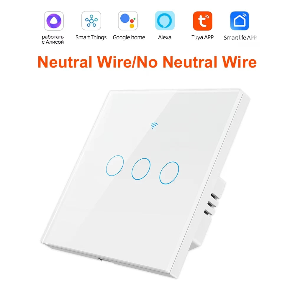 WiFi RF 433mhz Touch Wall Light Smart Switch 1 2 3 4 Gang Wireless Switch 220V with no Neutral EU Work Witch Tuya Alexa Google