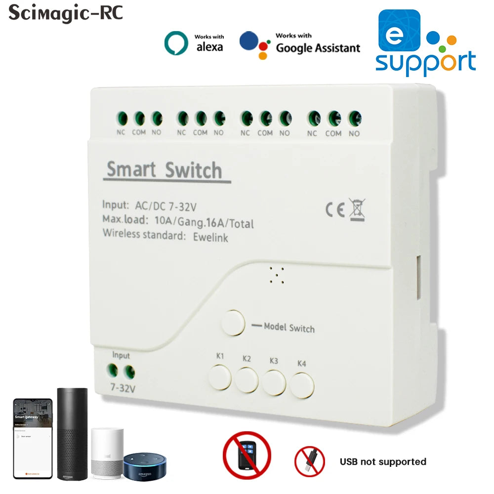EWelink WiFi Smart 4CH Switch 220V 10A Relay Module APP Remote Control 12V 24V 85-250V Receiver Google Home Alexa