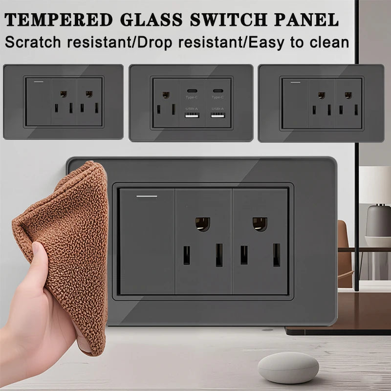 118*75mm Tempered Glass Socket US Wall Socket Grey Thai USB Socket Plug with Dual USB Type-C Ports,Light Switch 110V