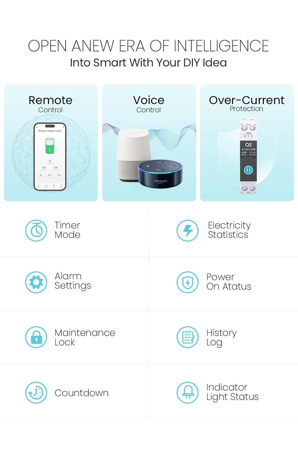 TUYA WIFI Smart Circuit Breaker Power Metering 1P 63A DIN Rail for Smart Home wireless Remote Control Smart Switch by APP ATELE