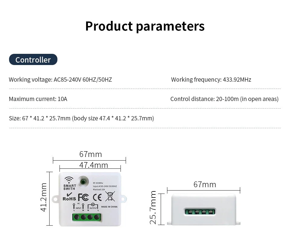 RF 433MHz Wireless Remote Control Switch Smart Home 110V 220V 10A Mini Controller Relay ON/OFF Transmitter Wall Light Switches