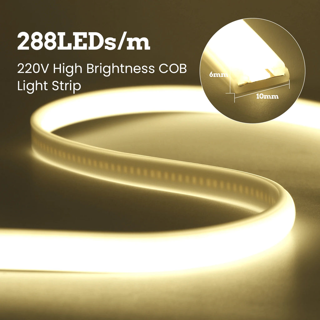 220V COB Led Strip EU Plug Warm White Red Blue Green Pink 288LEDs/m IP65 Waterproof Flexible Neon Light for Kitchen Room Garden