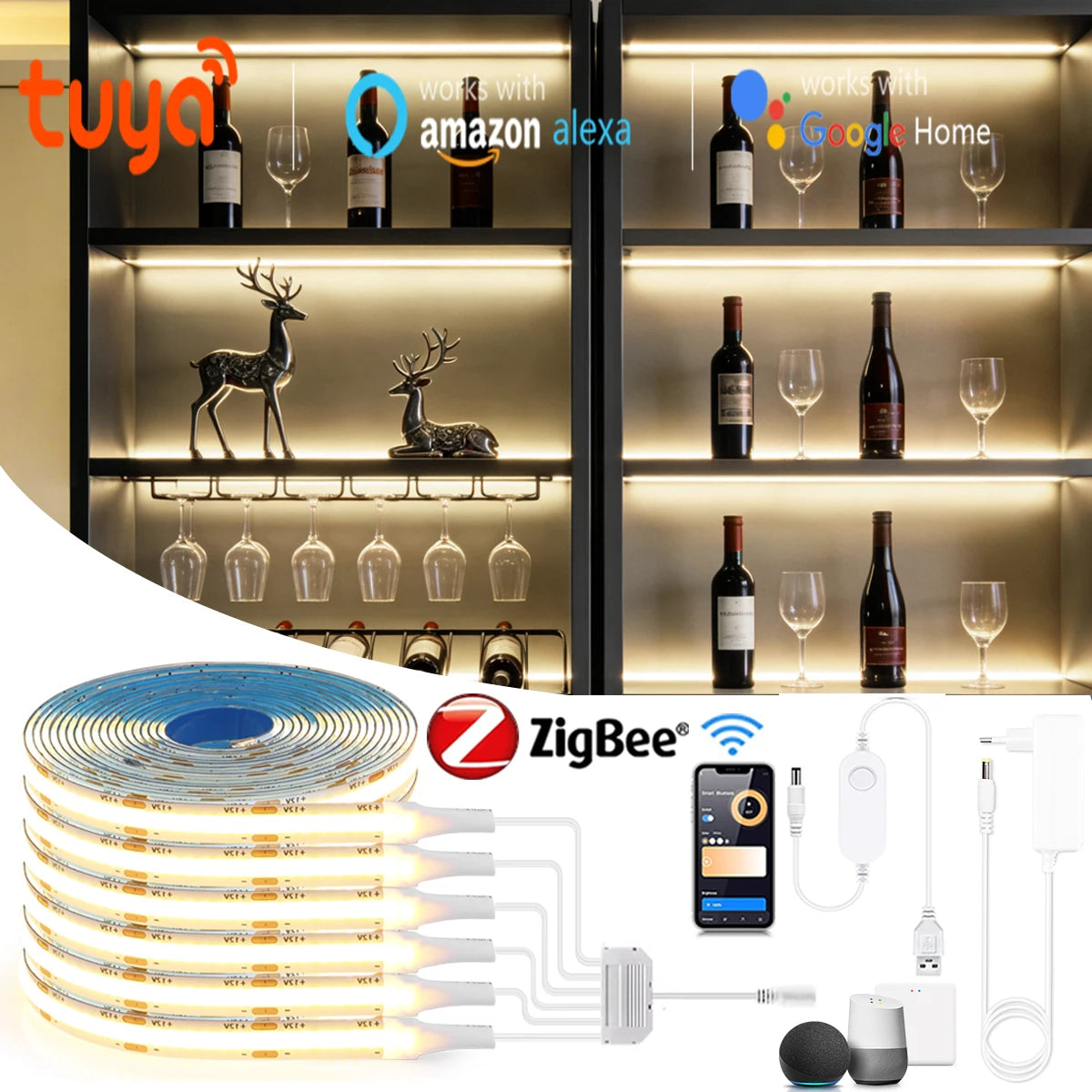 Zigbee Smart Under Cabinet COB LED Strip Dimmable Light Bookcase Wardrobe Closet Tuya Lamp Tape App Remote Control Wifi Lights