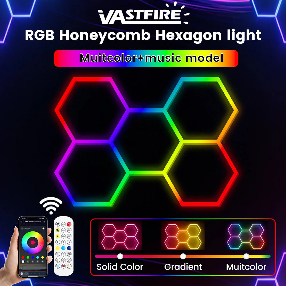Smart RGB Honeycomb Hexagonal LED Lights with Music Function for Mobile Remote Control, Suitable for Gaming and Esports Rooms