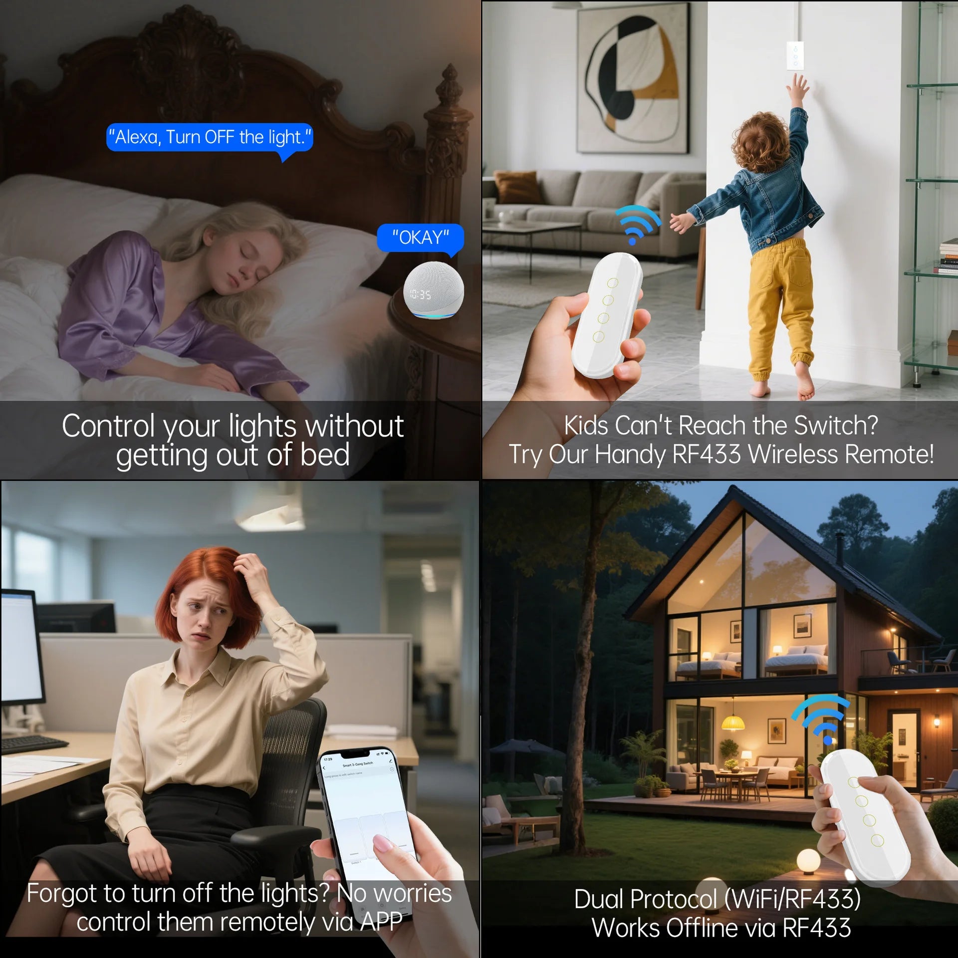 WiFi RF 433mhz Touch Wall Light Smart Switch 1 2 3 4 Gang Wireless Switch 220V with no Neutral EU Work Witch Tuya Alexa Google