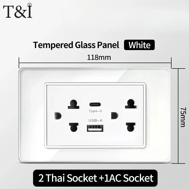 T&I 118*75mm Tempered Glass US Wall Socket White Thai USB Socket Plug with Dual USB Type-C Ports,Light Switch 110V