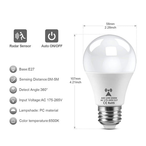 220V E27 12W LED Light Bulb Microwave Radar Motion Detector Lamp with Light Sensor, Auto On/Off for Home Stair Hallway