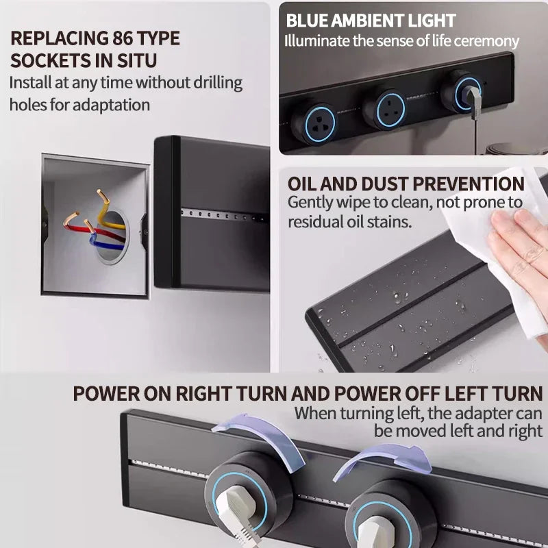 Removable Power Track Rail Socket UK/EU/UN/US/Universal US/USB Type-C Wall Mounted/Embedded Socket Kitchen Bathroom Socket