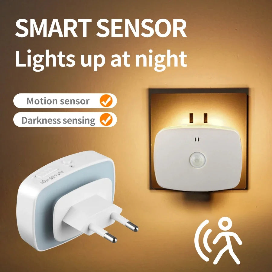 With EU Socket Motion Sensor Tri Color LED Night Light Ambient Wall Lamp for Bedroom Staircase Corridor Bathroom Entrance Hall