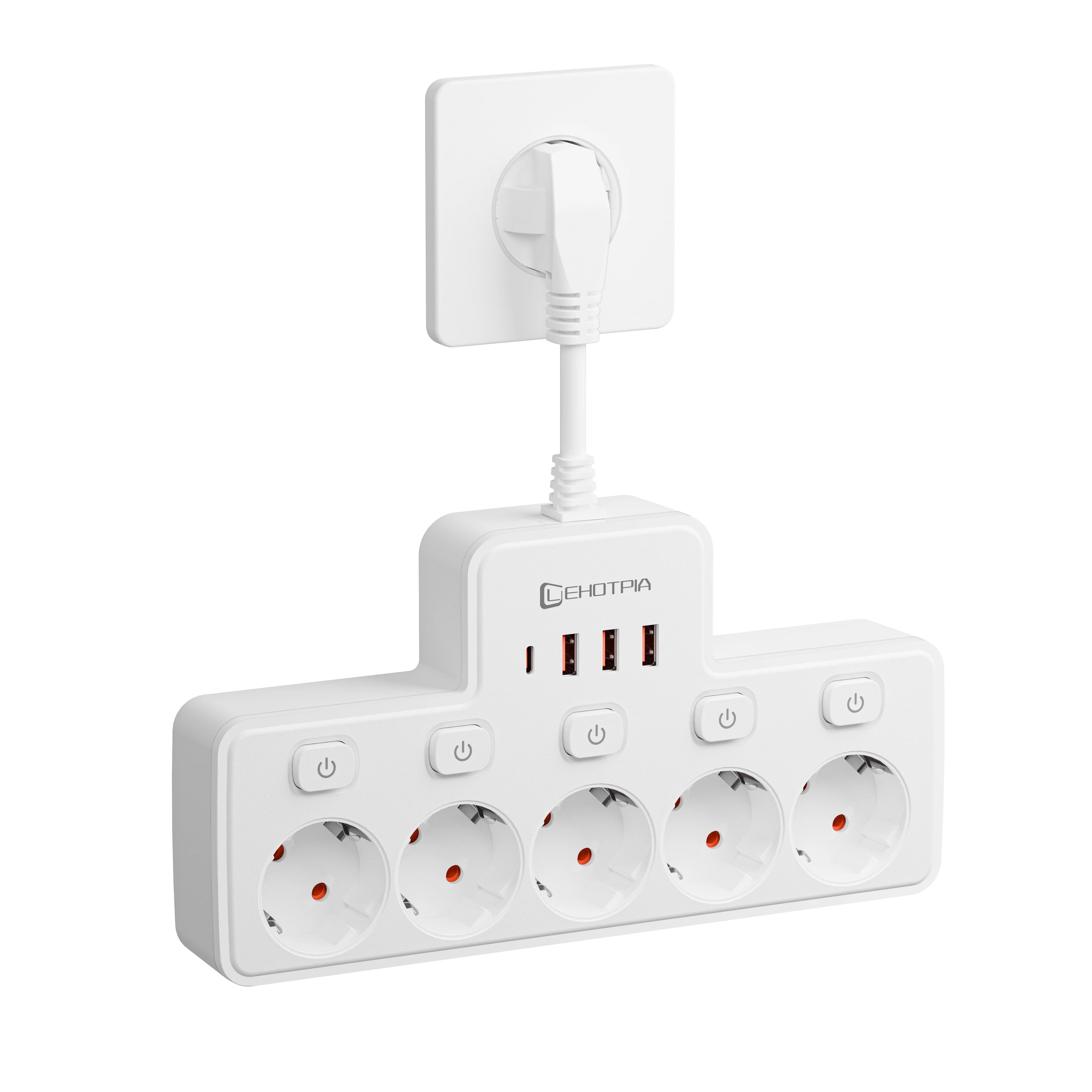 2500W EU AC Plug Power Strip Independent Switch Wall Mounted European Standard Plug Socket Network Filter With USB C Charging