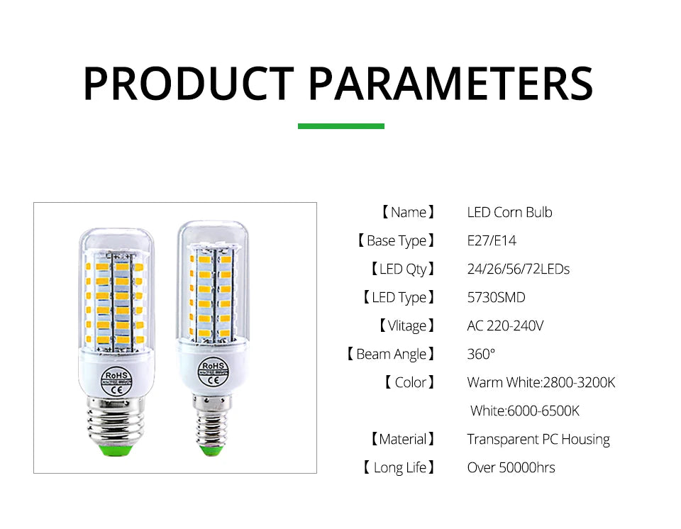 AC 220V E14 E27 LED Lamp SMD 5730 Corn Bulb 24 36 56 72LEDs Lamparas for Home Decoration Ampoule LED Light White Warm White