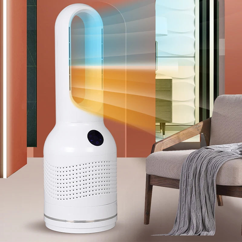 Smart 3-in-1 Air Purifier Bladeless Tower Pedestal Fan with Electric Heater and Leafless Standing Feature for Household Use