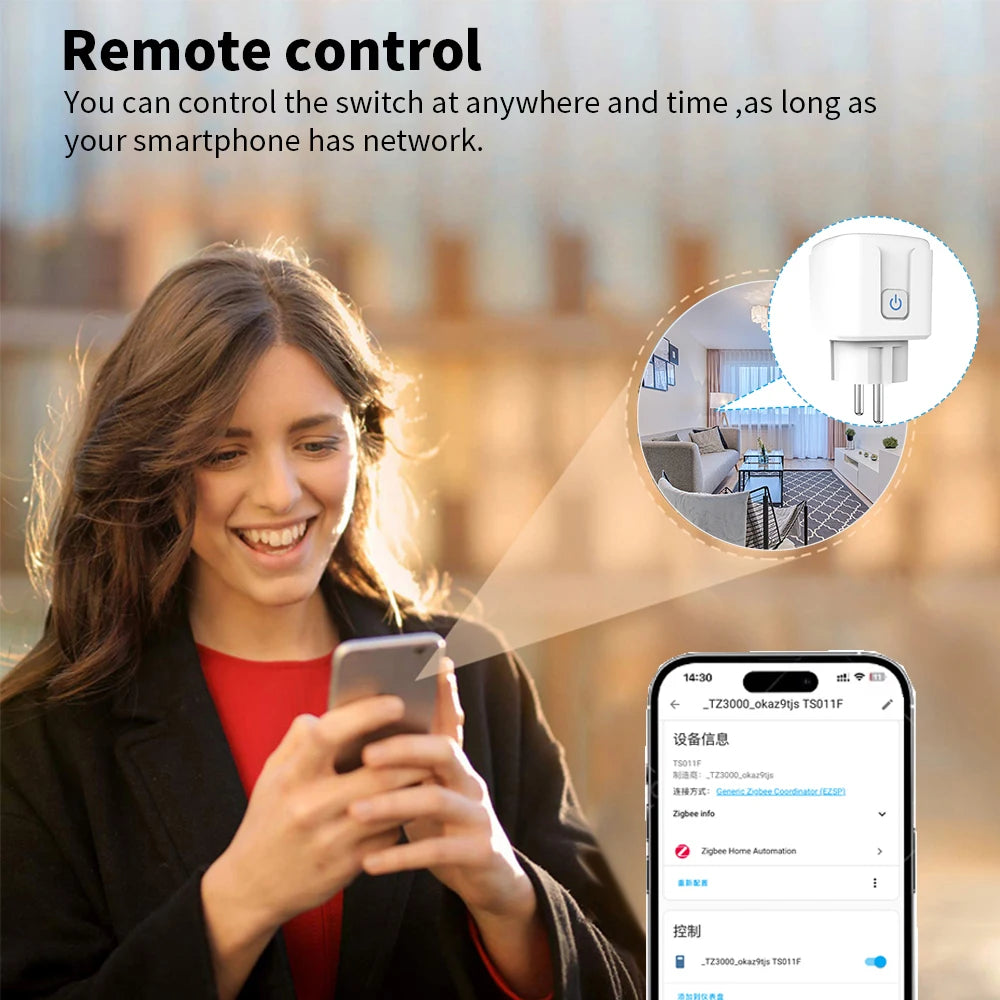 Home Assistant ZigBee Smart Plug 20A/16A EU Smart Socket with Power Monitor App Voice Control Works with Alexa Google Home Z2M