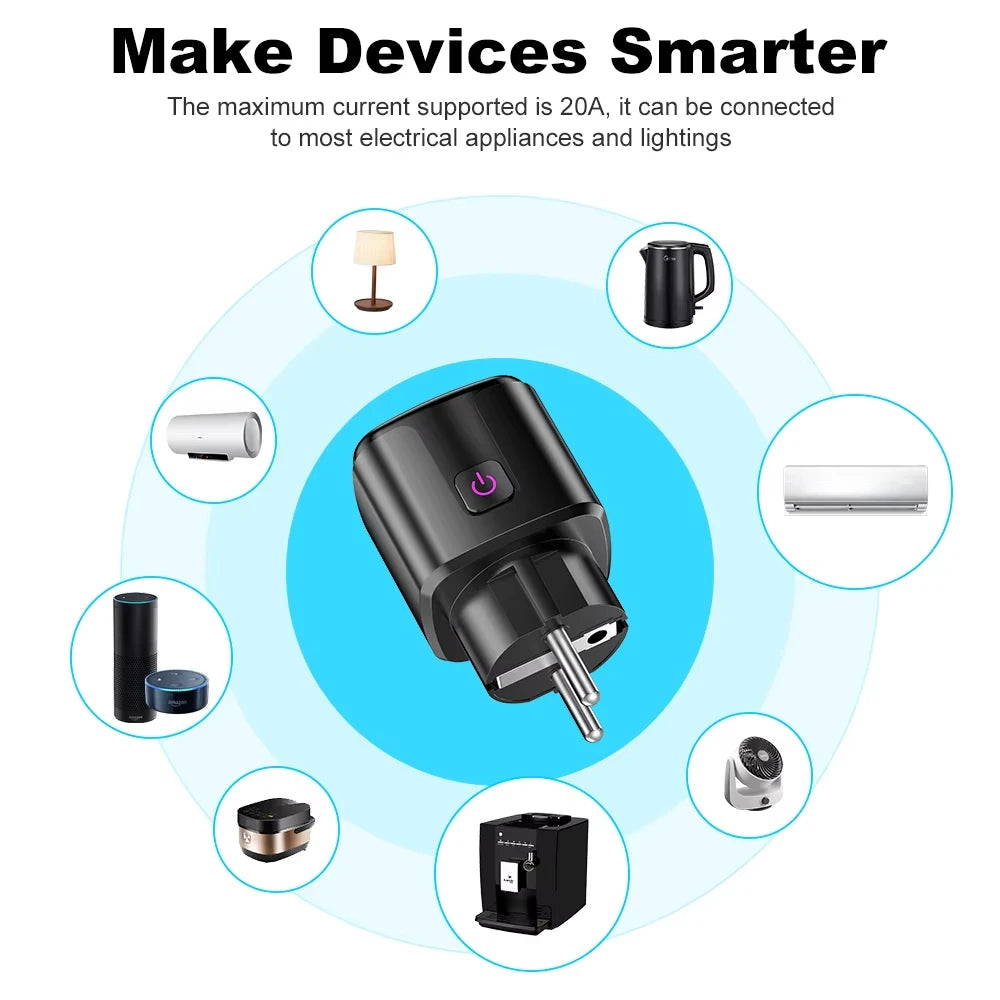 20A AC100-240V Wifi Smart Plug Smart Socket EU Power Monitor Outlet Alexa Google Home Voice Control Tuya Smart Life APP