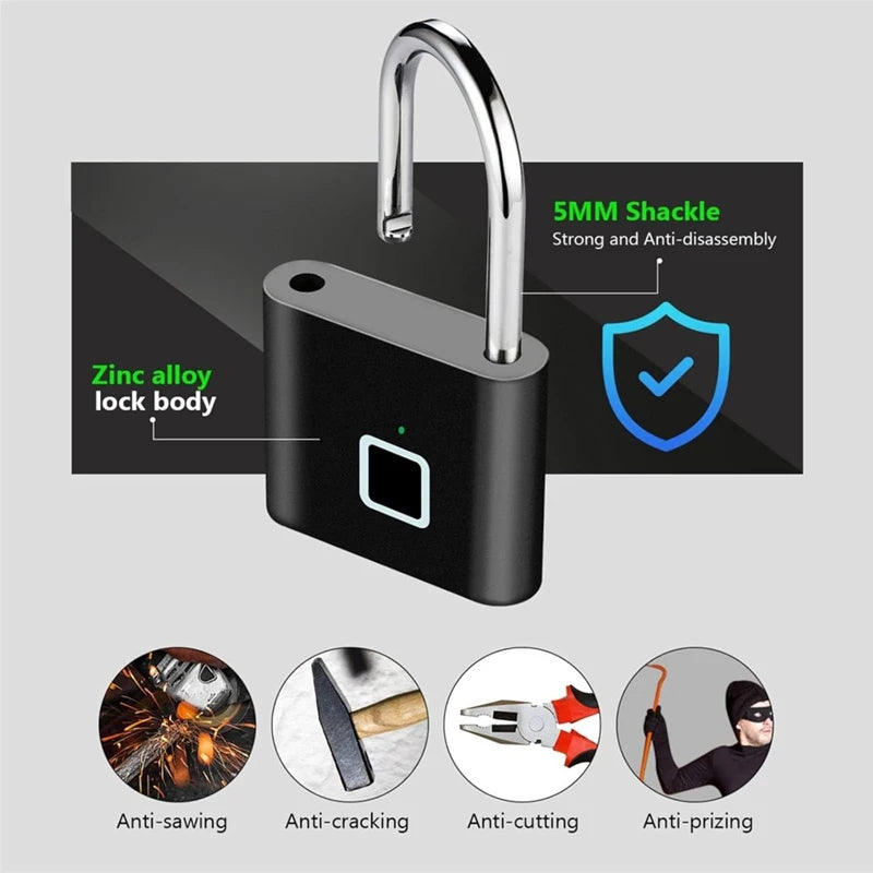 Smart Fingerprint Padlock Keyless Waterproof Zinc Alloy Biometric Padlocks USB Charging Fingerprint Lock Anti-theft Door Lock