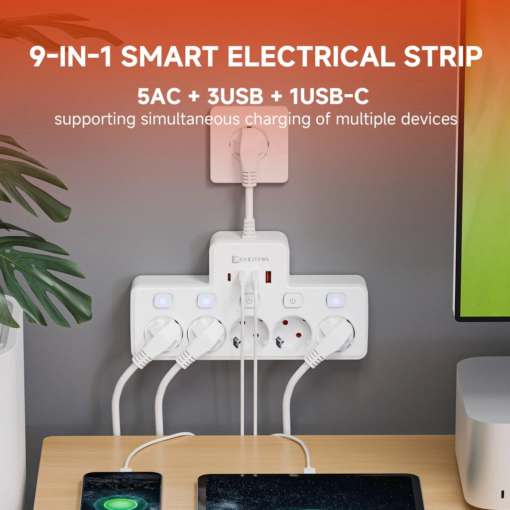 2500W EU AC Plug Power Strip Independent Switch Wall Mounted European Standard Plug Socket Network Filter With USB C Charging