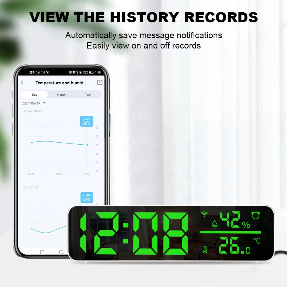 Tuya WiFi Temperature Humidity Sensor Support Time Alarm Clock Display USB Desktop Mirror LED Clocks for Living Room Decoration
