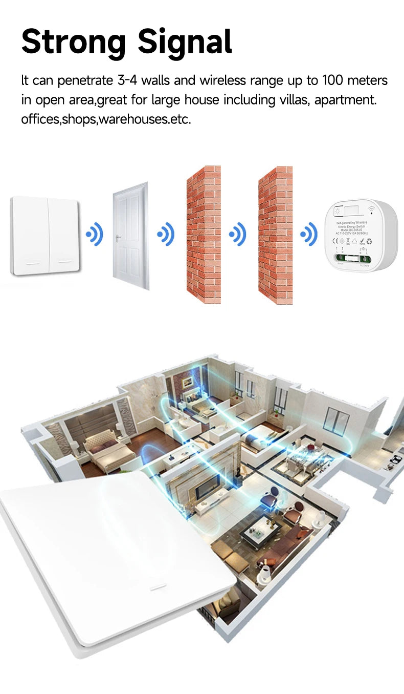 Battery Free RF433 Household Wireless Wall Switch Wiring Free Self Generating Kinetic Energy Panel Waterproof Lighting Switches