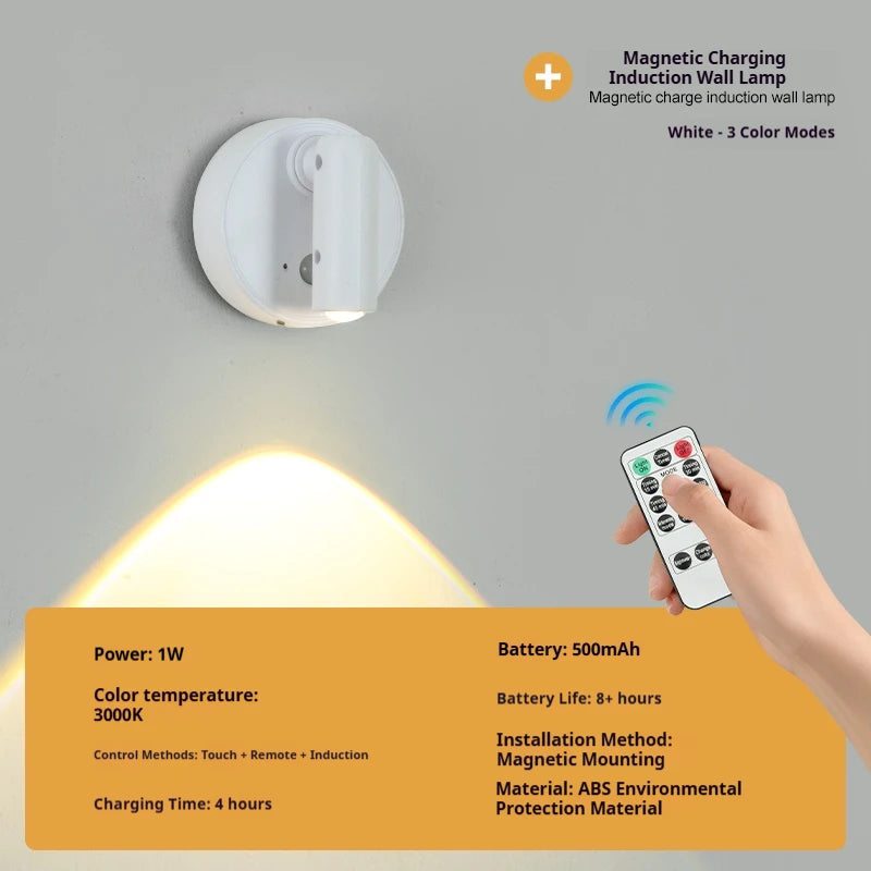 LED Light Magnetic Rechargeable Wall lamp Spotlight Atmosphere Light  No Punch Reading Light Touch Switch Dimmable Bedside Lamp