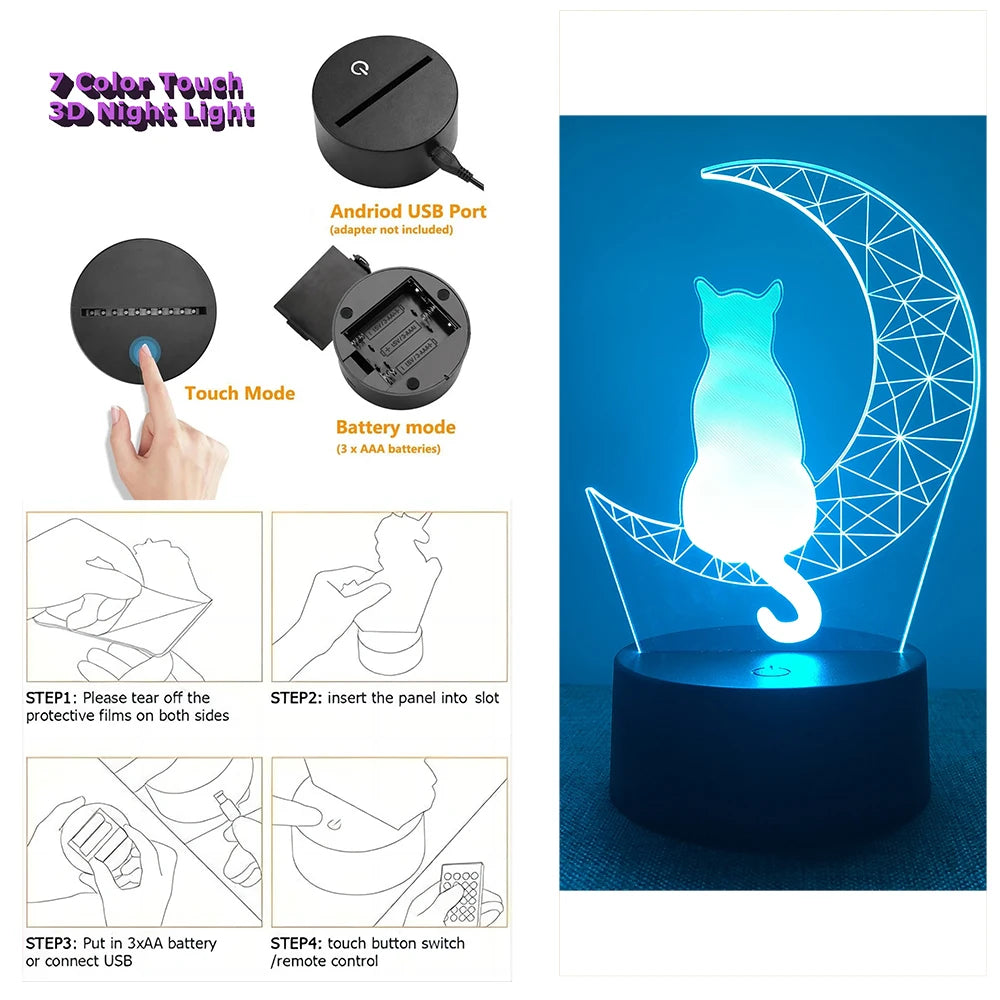 Cute Cat 3D Lamp LED Night Light Table Lamps Nightlight for Children's Lights Smart Touch Home Bedroom Desk Decor Birthday Gifts