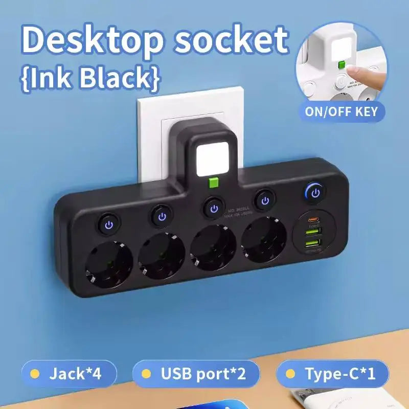 Multiple Sockets AC EU Plug Power Strip No Extension Cable With USB Ports Surge Protector Network Filter Individual Switch