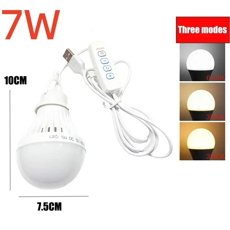 7W Camping LED Light USB Emergency Bulb Hanging Tent Light Barbecue Fishing Repair Outdoor Lamp Equipment Portable Lighting