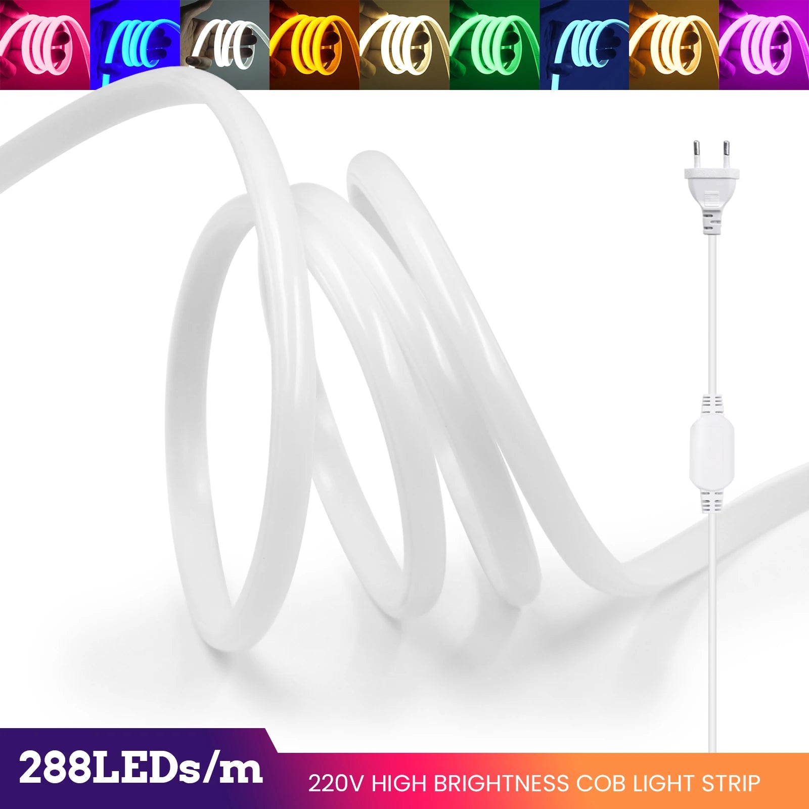 220V COB Led Strip EU Plug Warm White Red Blue Green Pink 288LEDs/m IP65 Waterproof Flexible Neon Light for Kitchen Room Garden