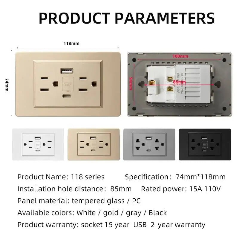 Herepow 118 Series Thailand American Standard Dual USB Wall Socket Smart Home Appliance Plug Adapter Type-c 3.1A Fast Charging