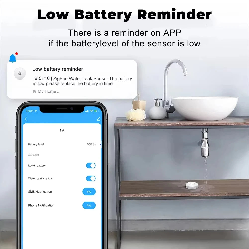 For Tuya Zigbee Water Leak Detector Smart Home Flood Sensor Real-Time Smart Life APP Alerts and Alarm History