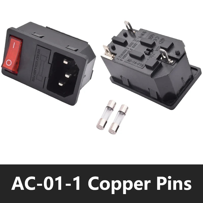 C13 C14 Electrical Power Socket Computer Mount Outlet 3 Pin IEC320 LED Rocker Switch Brass 10A Fuse Inlet Plug Connector 250v