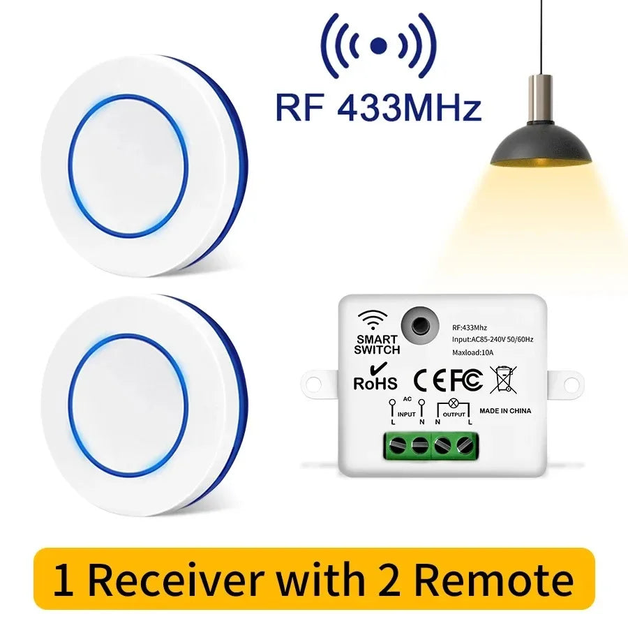 RF 433MHz Wireless Light Switch 220V 110V 10A Relay Controlle Mini Round Button Wall Panel Switch Remote Control For LED Lamp