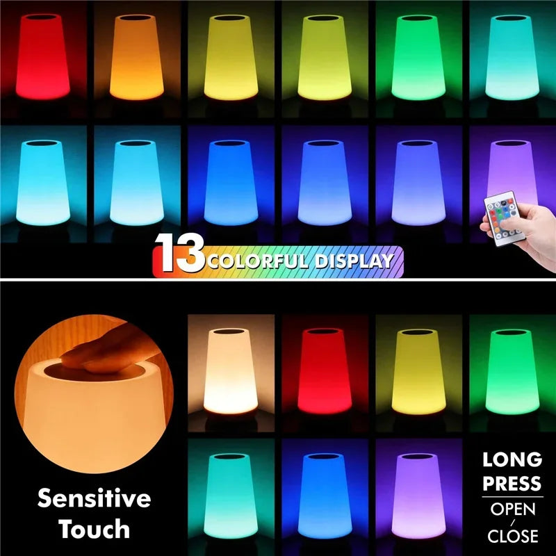 13 RGB Colors LED Night Light for Children Baby Bedroom Decoration Dimmable Touch Lamp Portable Rechargeable Bedside Table Lamp
