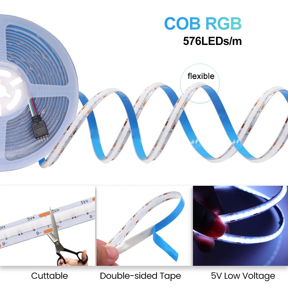 5V AA Battery RGB COB LED Strip Light Smart Bluetooth Dimmable Color Changing Flexible Tape Ribbon TV BackLight 17/24/44Key