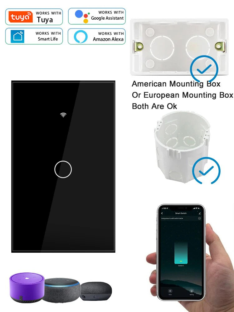 Tuya WiFi Smart Home Light Switch RF433 Neutral Wire/No Neutral Wire Required US Wall Touch Switches Support Alexa Google Home