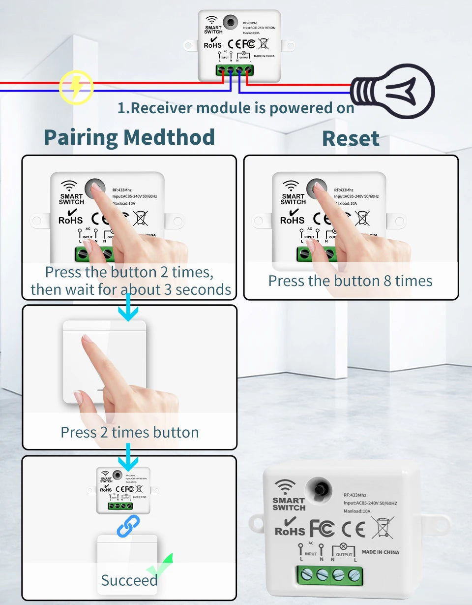 Wireless Light Switch 433MHz Remote Control 1/2/3Gang Interruptor Wall Smart Lighting Switch 10A 110V 220V For Lamp LED