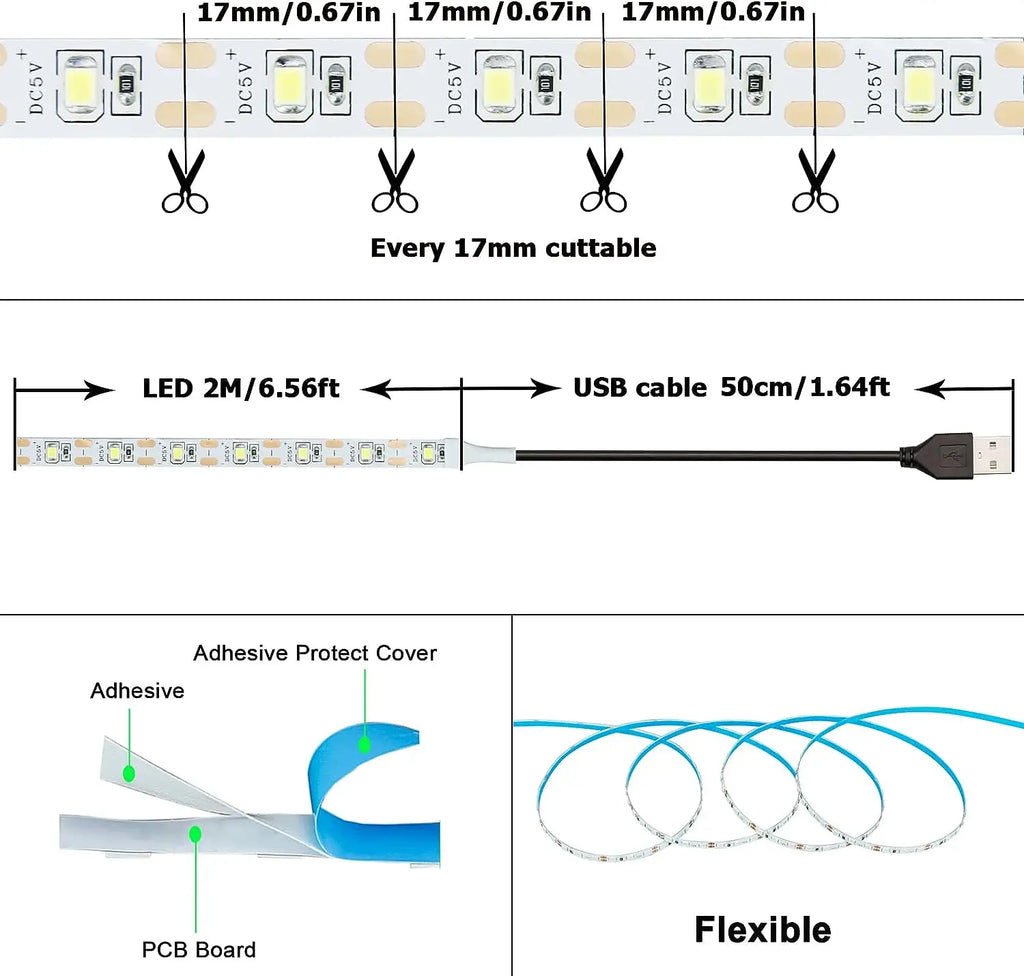 DC 5V USB LED Strip Lights - 2835 SMD Warm White/White, Flexible TV Backlighting, Home Decoration, DIY Lighting Tape