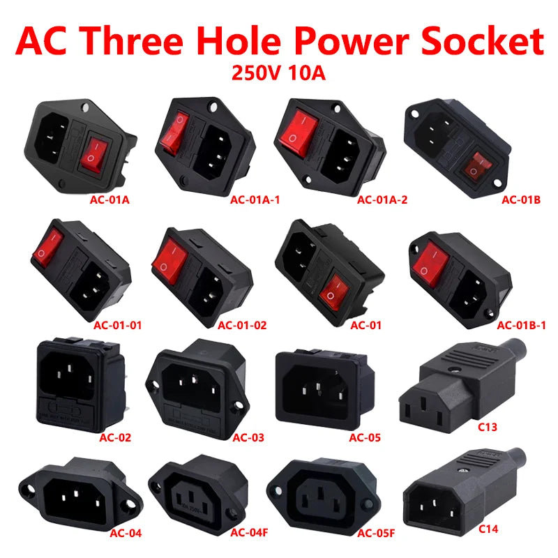 C13 C14 Electrical Power Socket Computer Mount Outlet 3 Pin IEC320 LED Rocker Switch Brass 10A Fuse Inlet Plug Connector 250v