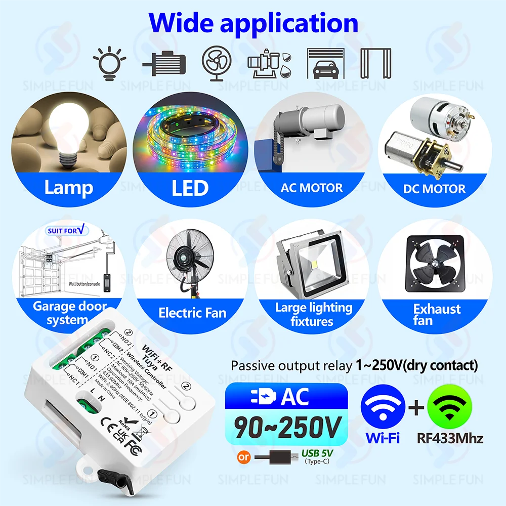 Tuya WiFi RF 433Mhz Smart Light Switch Motor Switch AC 110V 220V 230V 10A 2CH Support Alexa Google Home,for Lamp Garage Door