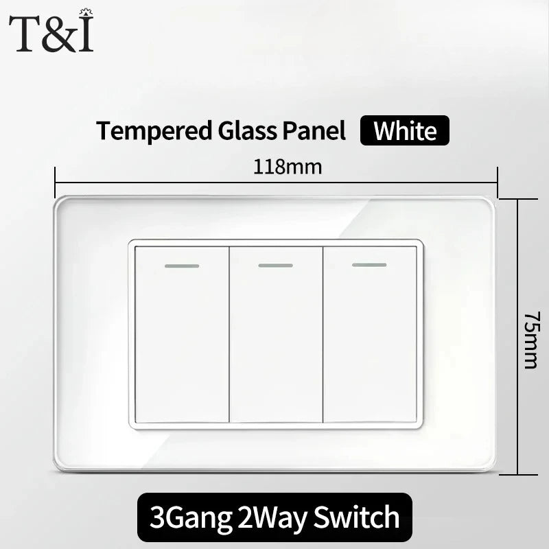 T&I 118*75mm Tempered Glass US Wall Socket White Thai USB Socket Plug with Dual USB Type-C Ports,Light Switch 110V