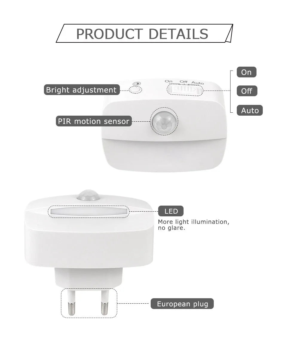 Wireless LED Motion Sensor Night Light Plug In Motion Detector Bedroom Staircase Closet Bedside Night Lamp 220V Battery Powered